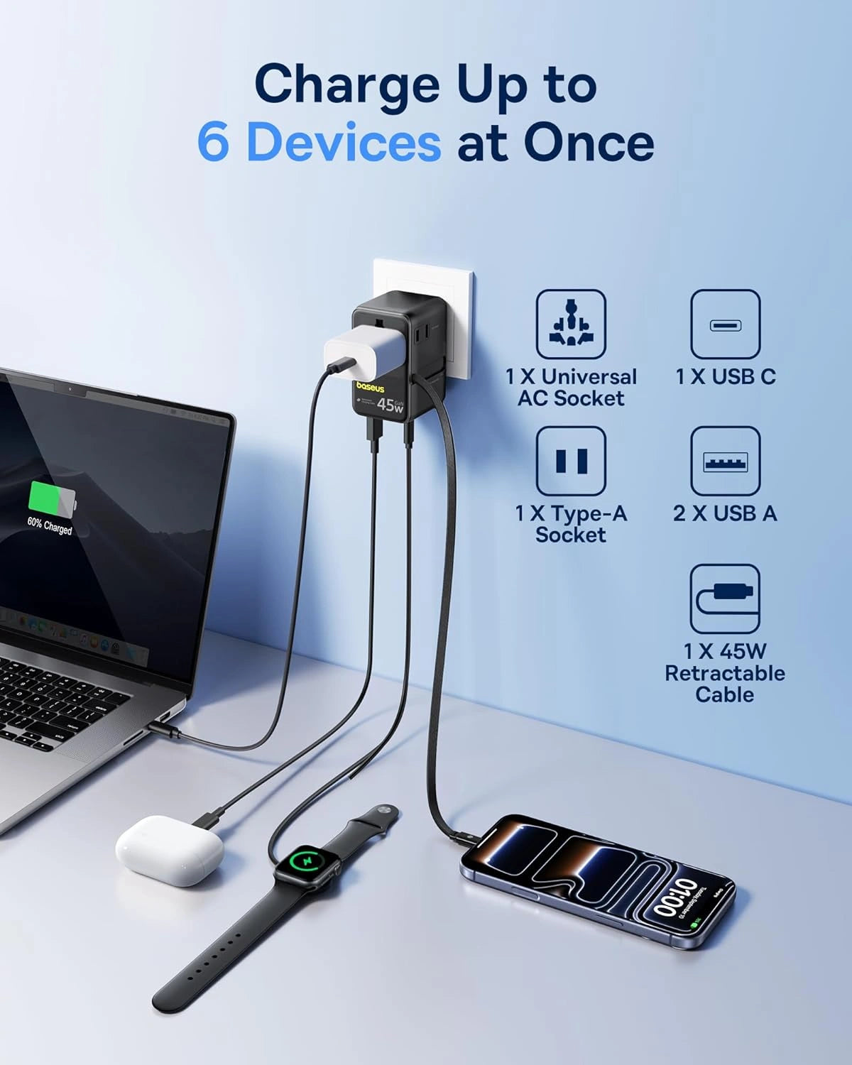 Baseus Picogo 45W 6-in-1 Universal Travel Adapter – with Retractable Cable – Cosmic Black – AG11 – E0307F00