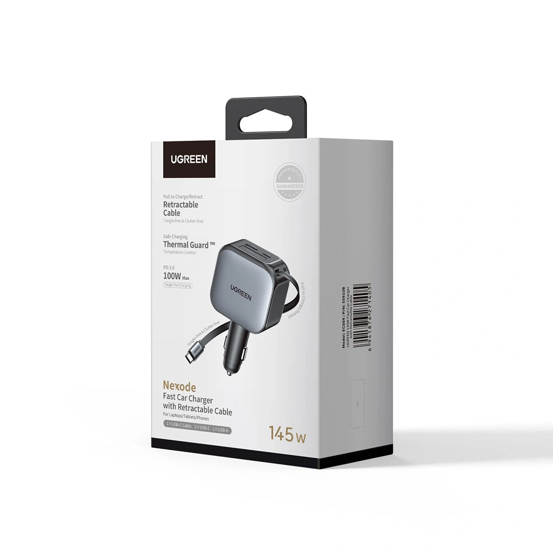 UGREEN 145W Nexode Car Charger with Retractable Cable 2x Type-C+ USB – EC604 – 55910B