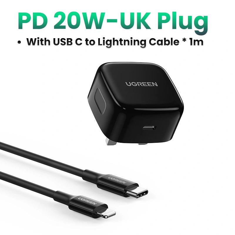 UGREEN 20W Type-C PD Fast Charger With MFI Type-C to Lightning 1 Meter Cable Set – Black – CD137 – 60624