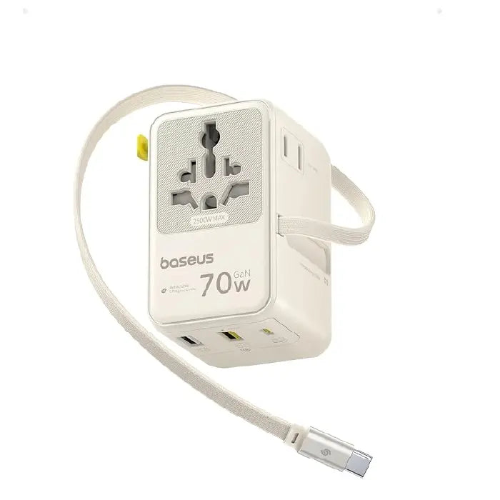 Baseus EnerCore 70W 6-in-1 Universal Travel Adapter with Retractable Cable – Off-White – CG11 – E0307E01