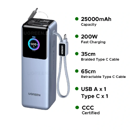 GREEN 25000mAh – 200W Nexode Pro Power Bank with 35cm Braided Cable + 65cm Retractable Cable – PB728 – 75702B
