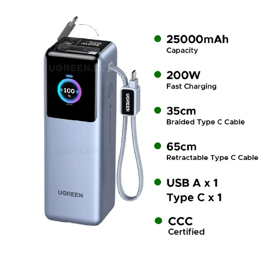 GREEN 25000mAh – 200W Nexode Pro Power Bank with 35cm Braided Cable + 65cm Retractable Cable – PB728 – 75702B