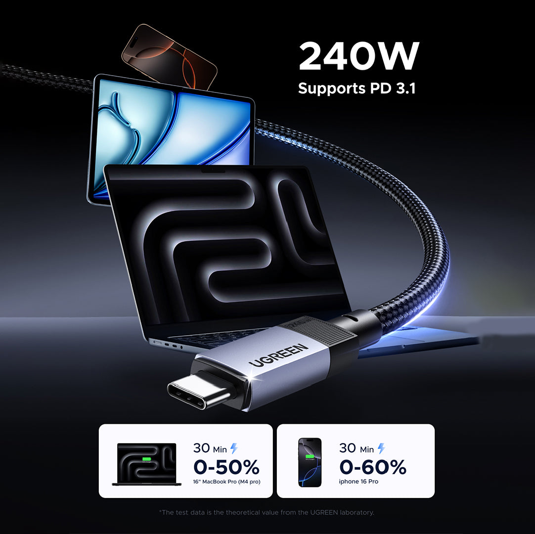 UGREEN 1 Meter 240W 8K@60Hz Type – C to Type -C Gen 3 Nylon Braided Cable (Space Gray) – L705 – 65175