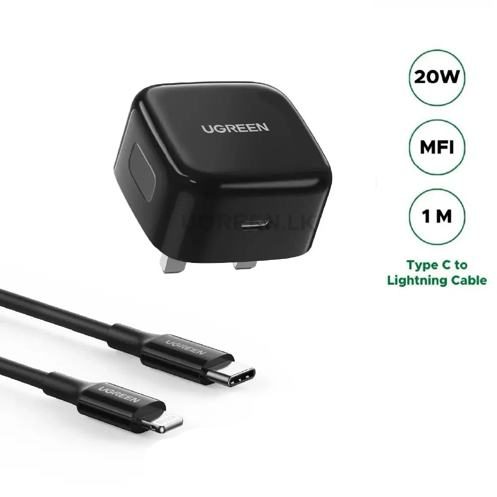 UGREEN 20W Type-C PD Fast Charger With MFI Type-C to Lightning 1 Meter Cable Set – Black – CD137 – 60624