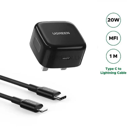 UGREEN 20W Type-C PD Fast Charger With MFI Type-C to Lightning 1 Meter Cable Set – Black – CD137 – 60624