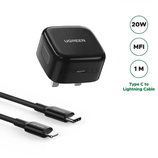 UGREEN 20W Type-C PD Fast Charger With MFI Type-C to Lightning 1 Meter Cable Set – Black – CD137 – 60624