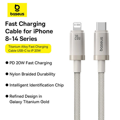 Baseus 1 Meter 20W Titanium Alloy PD Type-C to Lightning Fast Charging Cable – (Galaxy Titanium Gold) Model: P10378101G21-00
