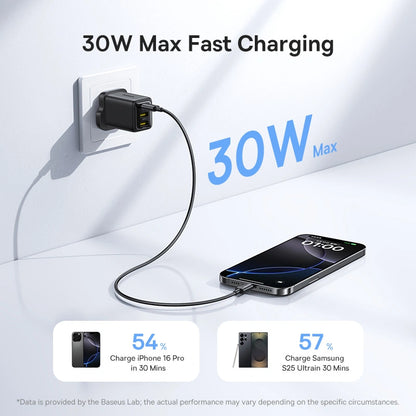 Baseus 30W EnerFill FN11 Gan5 Fast Charger 2xUSB A + 1 xTYPE-C -E0121M03