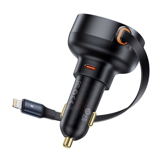 Baseus 55W Enjoyment Pro Car Charger C+Retractable iP Cable Cluster Black