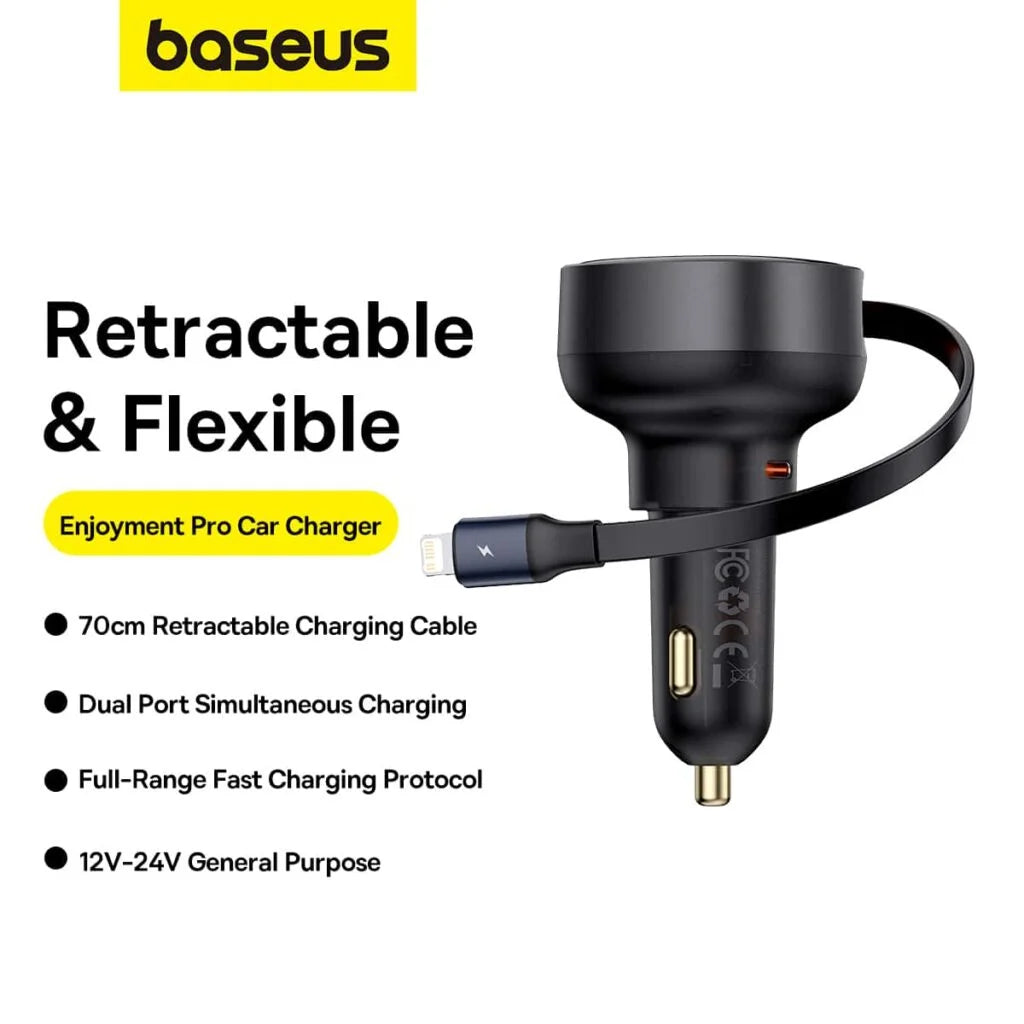 Baseus 55W Enjoyment Pro Car Charger C+Retractable iP Cable Cluster Black