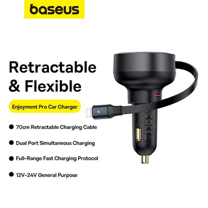 Baseus 55W Enjoyment Pro Car Charger C+Retractable iP Cable Cluster Black