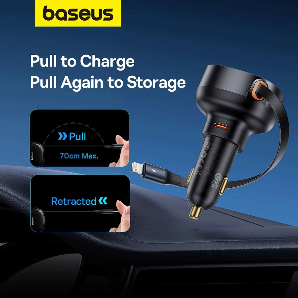 Baseus 55W Enjoyment Pro Car Charger C+Retractable iP Cable Cluster Black