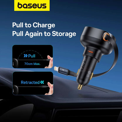 Baseus 55W Enjoyment Pro Car Charger C+Retractable iP Cable Cluster Black