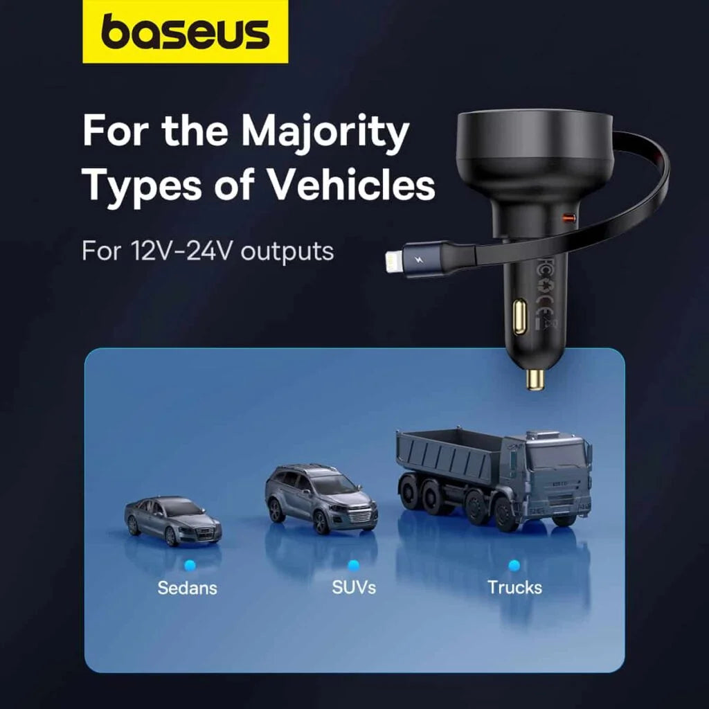 Baseus 55W Enjoyment Pro Car Charger C+Retractable iP Cable Cluster Black