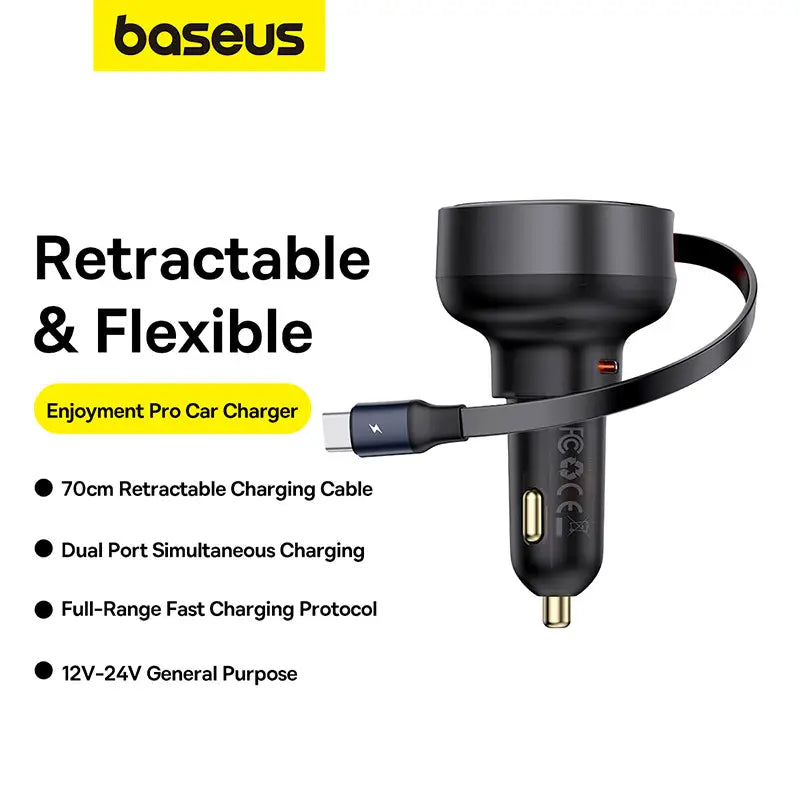 Baseus 60W Enjoyment Pro Car Charger C+Retractable Type-C Cable