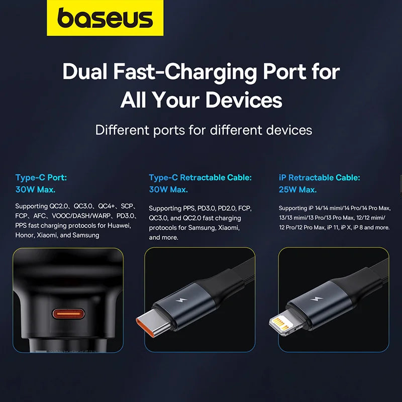Baseus 60W Enjoyment Pro Car Charger C+Retractable Type-C Cable