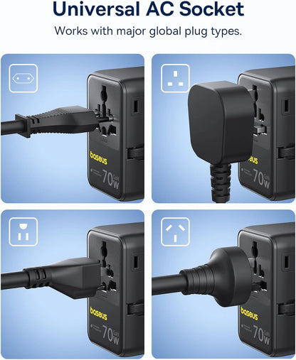 Baseus EnerCore 70W 6-in-1 Universal Travel Adapter – with Retractable Cable – Cosmic Black – CG11 – E0307E00