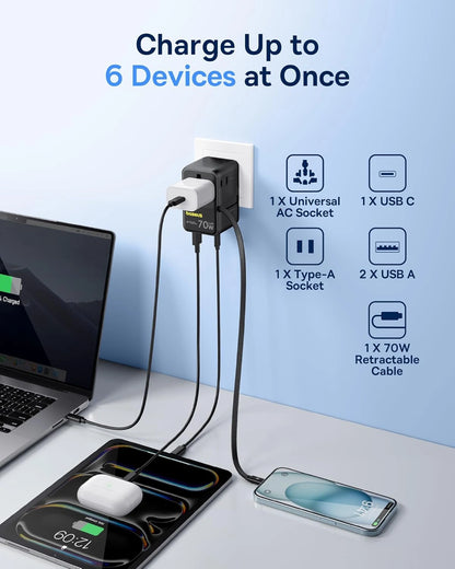 Baseus EnerCore 70W 6-in-1 Universal Travel Adapter – with Retractable Cable – Cosmic Black – CG11 – E0307E00