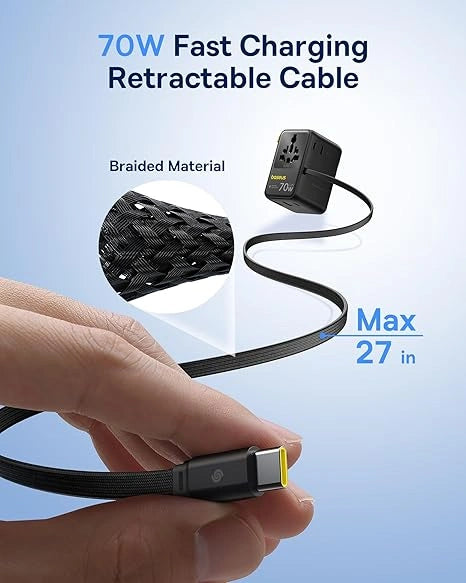 Baseus EnerCore 70W 6-in-1 Universal Travel Adapter – with Retractable Cable – Cosmic Black – CG11 – E0307E00