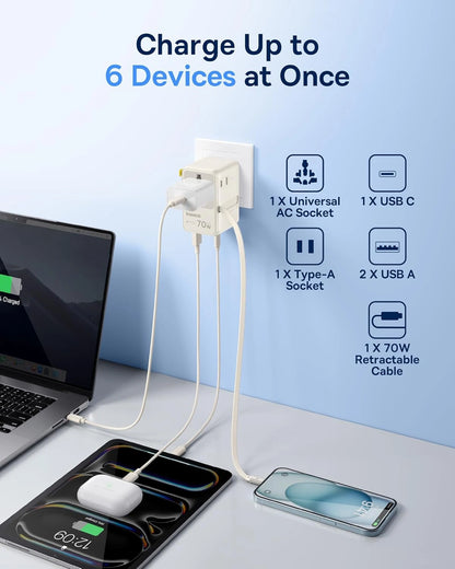 Baseus EnerCore 70W 6-in-1 Universal Travel Adapter with Retractable Cable – Off-White – CG11 – E0307E01