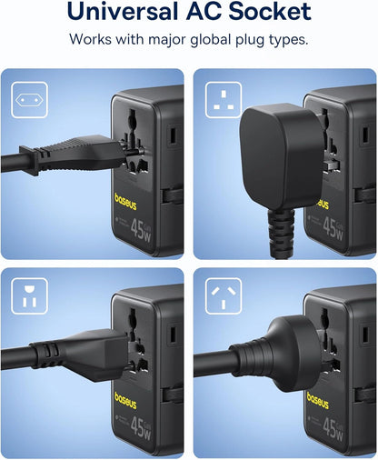 Baseus Picogo 45W 6-in-1 Universal Travel Adapter – with Retractable Cable – Cosmic Black – AG11 – E0307F00
