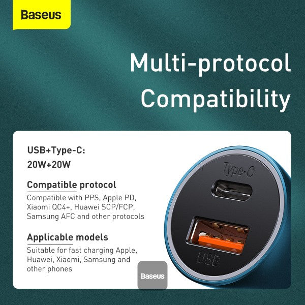 Baseus U+C 40W Golden Contactor Pro Dual Quick Charger Car Charger – With Baseus Type-C to Lighting 1M Cable )Blue- TZCCJD-03