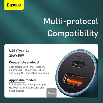 Baseus U+C 40W Golden Contactor Pro Dual Quick Charger Car Charger – With Baseus Type-C to Lighting 1M Cable )Blue- TZCCJD-03