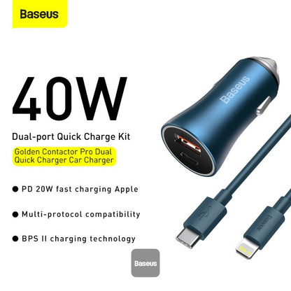Baseus U+C 40W Golden Contactor Pro Dual Quick Charger Car Charger – With Baseus Type-C to Lighting 1M Cable )Blue- TZCCJD-03