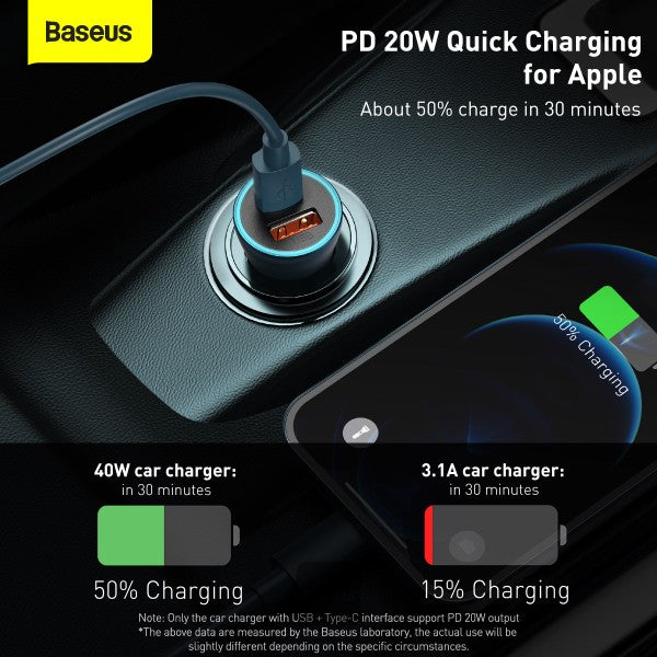 Baseus U+C 40W Golden Contactor Pro Dual Quick Charger Car Charger – With Baseus Type-C to Lighting 1M Cable )Blue- TZCCJD-03