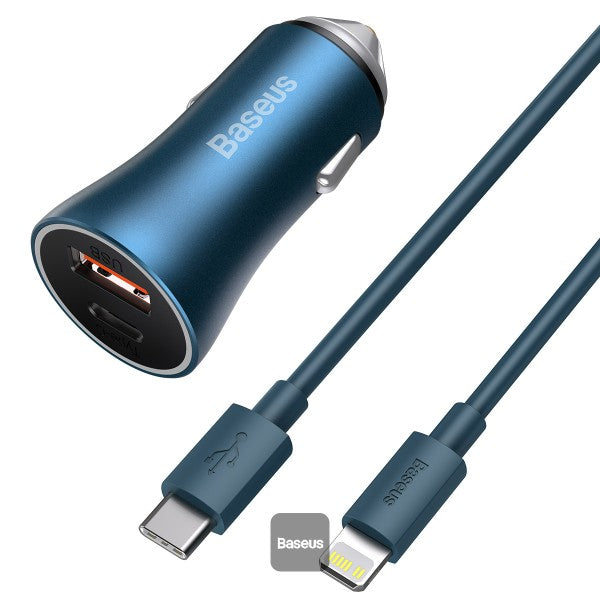 Baseus U+C 40W Golden Contactor Pro Dual Quick Charger Car Charger – With Baseus Type-C to Lighting 1M Cable )Blue- TZCCJD-03