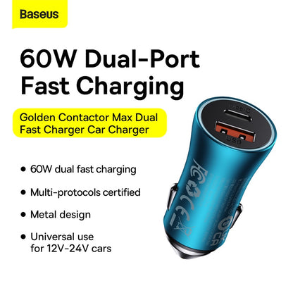 Baseus U+C 60W Golden Contactor Max Dual Fast Charger Car Charger