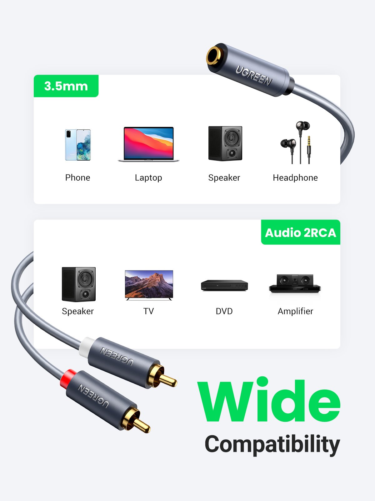 UGREEN 1 Meter 3.5mm Female to 2 RCA Male Audio Cable – AV102 – 10588