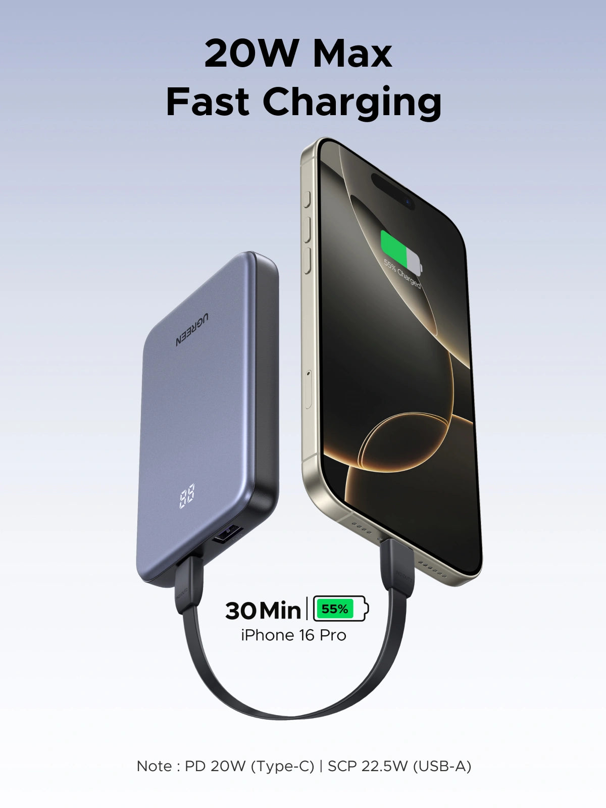 UGREEN 10000mAh 20W Zapix Series Two-way Fast Charging Power Bank – PB507 – 75131B
