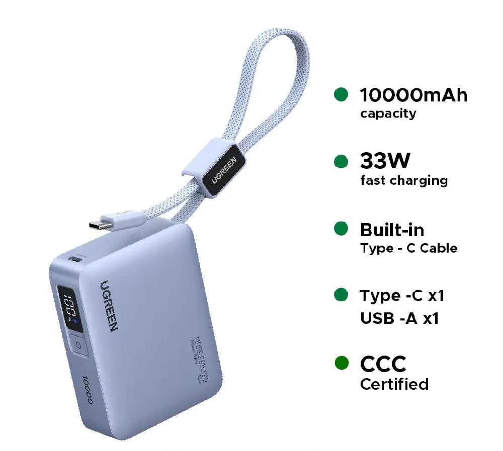 UGREEN 10000mAh 33W Fast Charging Power Bank With Type C Cable – PB584 – 75173B