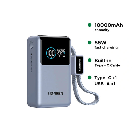 UGREEN 10000mAh 55W Nexode Pro Smart Digital Display Mini Power Bank with Build-in Type-C Cable – PB727 – 75701B