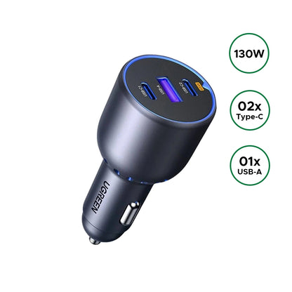 UGREEN 130W Dual Type-C & 1x USB Ports Metal Car Charger – EC705 – 35025