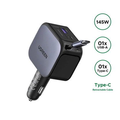 UGREEN 145W Nexode Car Charger with Retractable Cable 2x Type-C+ USB – EC604 – 55910B
