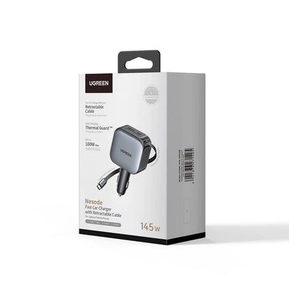 UGREEN 145W Nexode Car Charger with Retractable Cable 2x Type-C+ USB – EC604 – 55910B