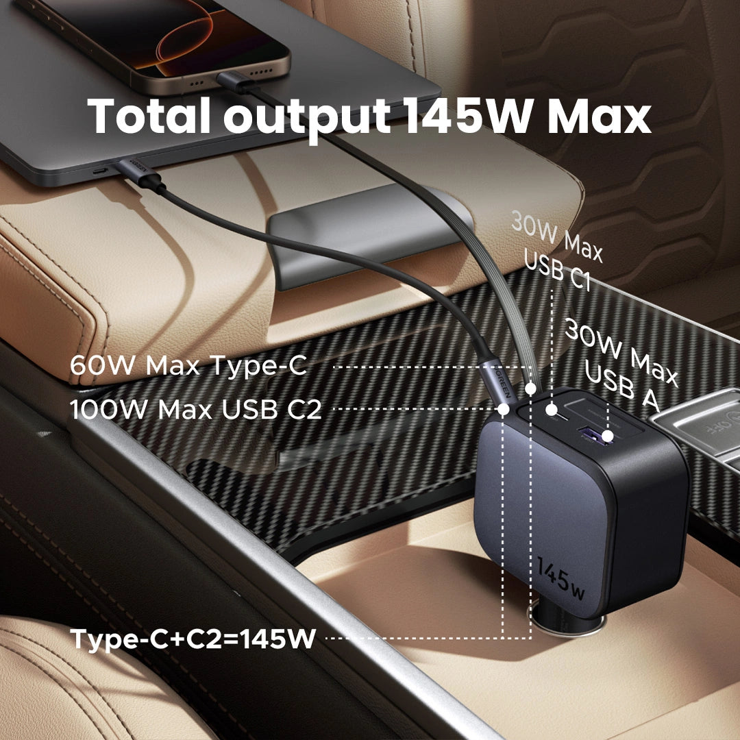 UGREEN 145W Nexode Car Charger with Retractable Cable 2x Type-C+ USB – EC604 – 55910B
