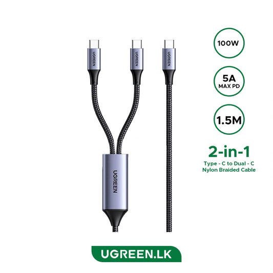 UGREEN 1.5 Meter 100W 2-in-1 Type-C to Dual Type-C 5A Max PD Charging Cable – US561 – 35087