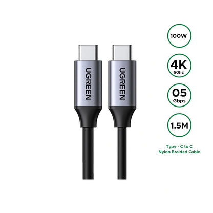UGREEN 1.5 Meter 100W 4k 60Hz 5Gbps Type-C to Type-C 3.2Gen Data Cable – US161 – 50751