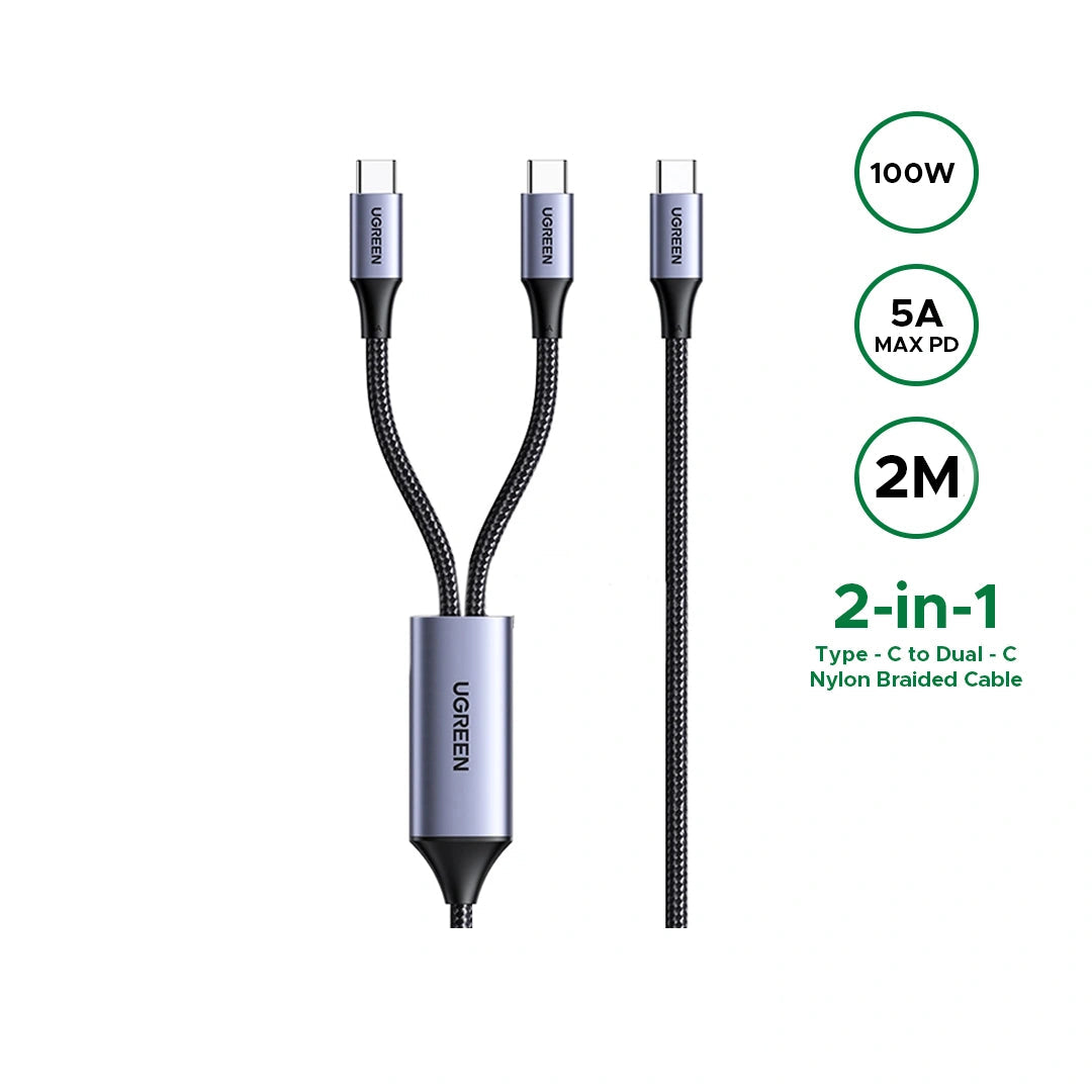 UGREEN 2 Meter 140W 2-in-1 Type-C to Dual Type-C 5A Max PD Charging Cable – L533 – 75733