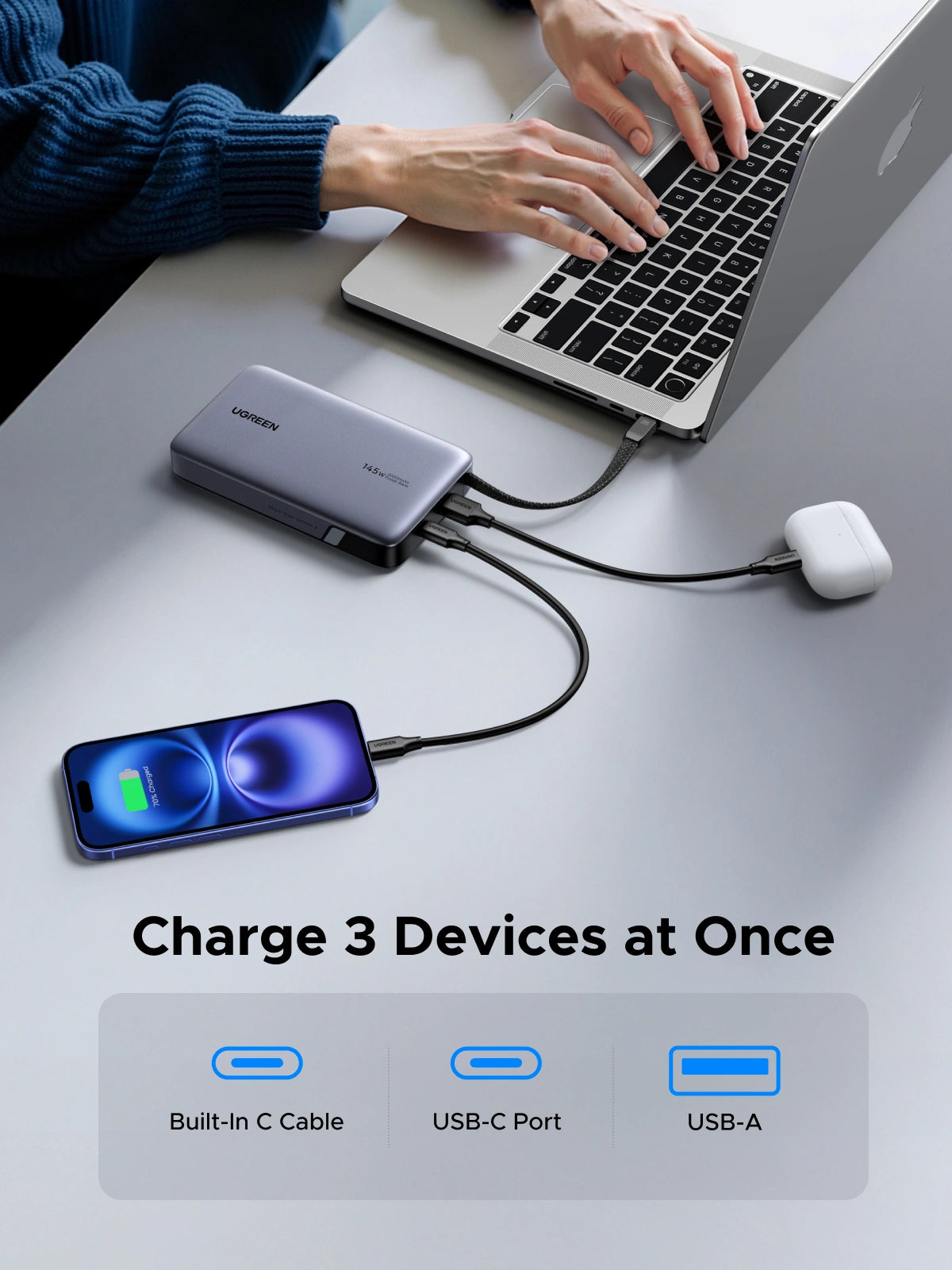 UGREEN 20000mAh 145W Power Bank with Built-in Cable – PB551 – 55992B