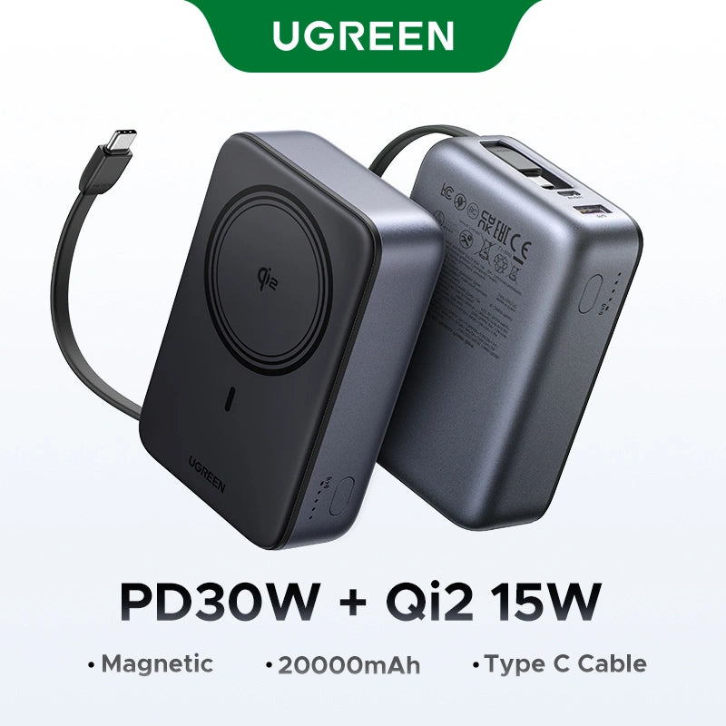 UGREEN 20000mAh 15W Qi2 Magnetic Wireless Power Bank With Type C Cable – PB567- 55450B