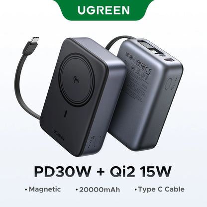 UGREEN 20000mAh 15W Qi2 Magnetic Wireless Power Bank With Type C Cable – PB567- 55450B