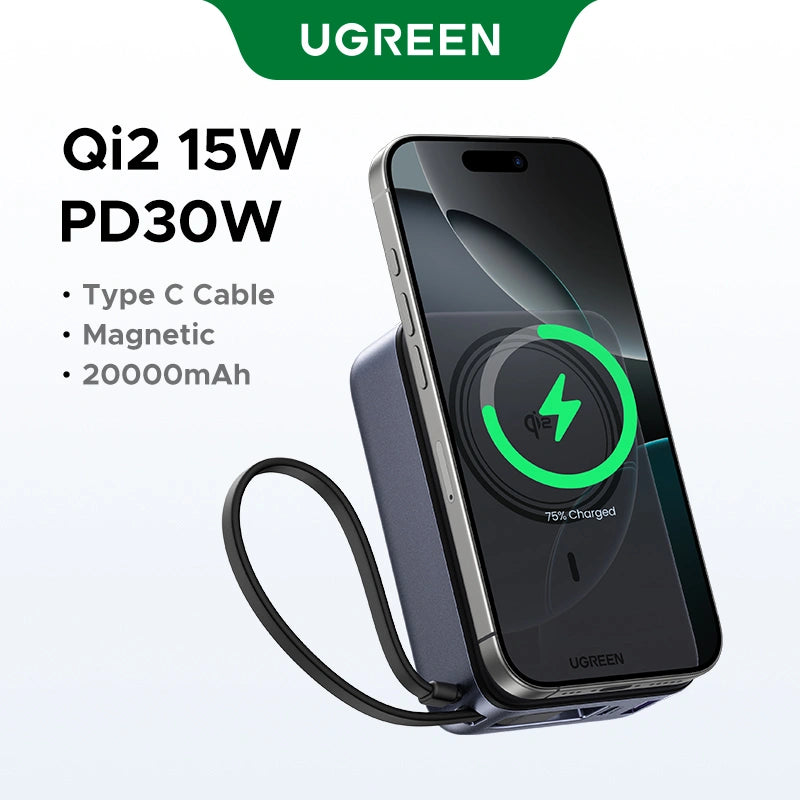 UGREEN 20000mAh 15W Qi2 Magnetic Wireless Power Bank With Type C Cable – PB567- 55450B