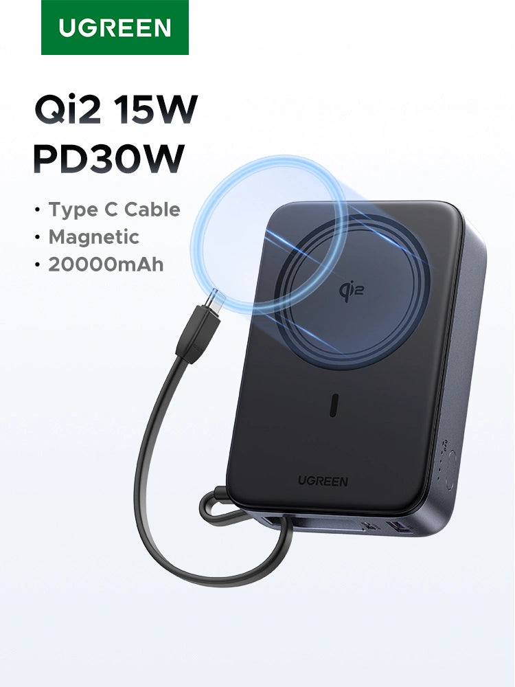 UGREEN 20000mAh 15W Qi2 Magnetic Wireless Power Bank With Type C Cable – PB567- 55450B
