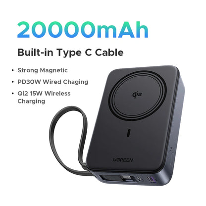 UGREEN 20000mAh 15W Qi2 Magnetic Wireless Power Bank With Type C Cable – PB567- 55450B