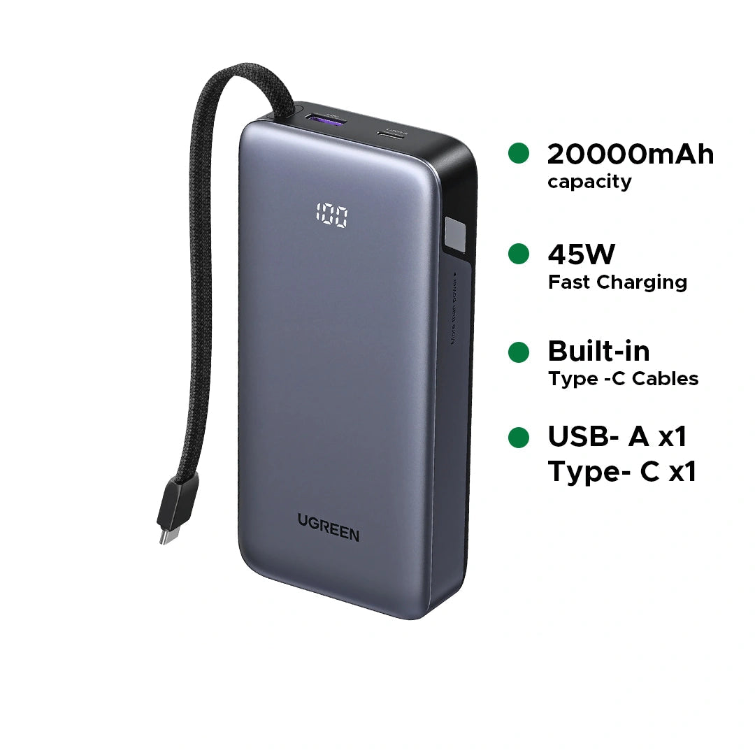 UGREEN 20000mAh 45W Power Bank with Built-in Cable – PB536 – 55988B
