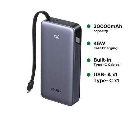 UGREEN 20000mAh 45W Power Bank with Built-in Cable – PB536 – 55988B